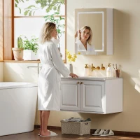 HOMCOM Bathroom Medicine Cabinet with Lights, Wall Mounted Mirror Cabinet with Demister Pad, Adjustable Shelves, White(m-10)