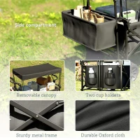 Outsunny 80L Folding Wagon Cart with Wheels, Heavy-Duty Collapsible Wagon with Removable Canopy, Adjustable Handle, Black(m-9)