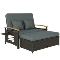 Outsunny Rattan Outdoor Daybed w/4-Level Adjustable Backrest, Patio Sofa Bed w/Storage Ottoman, Acacia Wood Armrest, Mixed Gray(m-11)