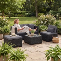 Outsunny 5 Piece Patio Furniture Set, L-Shape Wicker Outdoor Sectional with 3 Chairs, Ottoman, Glass Table, Cushions, Grey(m-8)