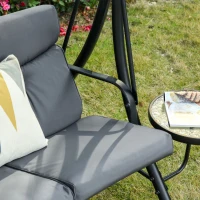 Outsunny 3 Seat Outdoor Swing Chair Steel Swing Bench Porch Swing With Adjustable Canopy, Coffee Tables and Cushion for Patio Garden, Dark Grey(m-10)