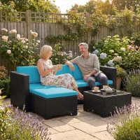 Outsunny 5 Piece Patio Furniture Set, L-Shape Wicker Outdoor Sectional with 3 Chairs, Ottoman, Glass Table, Cushions, Turquoise(m-9)