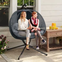 Outsunny Double Egg Chair with Stand, 2 Person Hanging Swing Egg Chair with Cushion, Pockets, Grey(m-1)