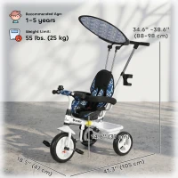 Qaba 6 in 1 Kids Tricycle with Removable Handlebar and Canopy, Blue(m-3)