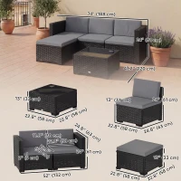 Outsunny 5 Piece Patio Furniture Set, L-Shape Wicker Outdoor Sectional with 3 Chairs, Ottoman, Glass Table, Cushions, Grey(m-3)