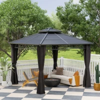 Outsunny 10' x 10' Outdoor Hardtop Gazebo Canopy with Double PC Roof, Steel Frame, Nettings, Curtains for Garden Lawn Deck, Black(m-9)