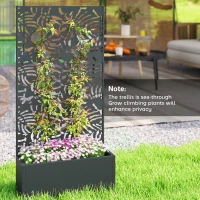 Outsunny Metal Planter Box with Trellis, 71" Tall Raised Garden Bed with Privacy Screen and Drainage Holes, Banana-Leaf Cut-Outs(m-8)