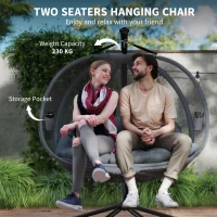 Outsunny Double Egg Chair with Stand, 2 Person Hanging Swing Egg Chair with Cushion, Pockets, Grey(m-9)