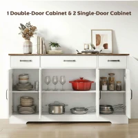 HOMCOM Sideboard Buffet Cabinet, 55" Farmhouse Kitchen Cabinet with 4 Barn Doors, 3 Drawers, 3 Adjustable Shelves, White(m-4)