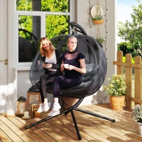 Outsunny Double Egg Chair with Stand, 2 Person Hanging Swing Egg Chair with Cushion, Pockets, Grey(m-8)
