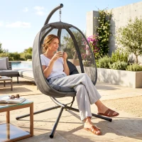 Outsunny Hanging Egg Chair, Outdoor Indoor Swing Chair with Stand, Folding Basket and Thickened Cushion, Grey(m-9)