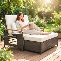 Outsunny Rattan Outdoor Daybed w/4-Level Adjustable Backrest, Patio Sofa Bed w/Storage Ottoman, Acacia Wood Armrest, Beige(m-2)
