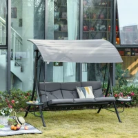 Outsunny 3 Seat Outdoor Swing Chair Steel Swing Bench Porch Swing With Adjustable Canopy, Coffee Tables and Cushion for Patio Garden, Dark Grey(m-1)