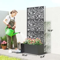Outsunny Metal Planter Box with Trellis, 71" Tall Raised Garden Bed with Privacy Screen and Drainage Holes, Banana-Leaf Cut-Outs(m-3)