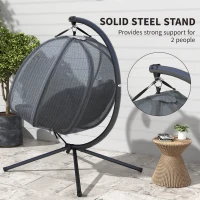 Outsunny Double Egg Chair with Stand, 2 Person Hanging Swing Egg Chair with Cushion, Pockets, Grey(m-7)