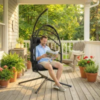 Outsunny Hanging Egg Chair with Stand, Foldable Wicker Rattan Swing Chair with Thick Cushion and Safety Rope, Black(m-9)