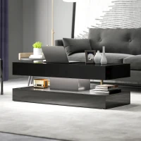 HOMCOM Coffee Table with Adjustable LED Lights, Modern Living Room Table with 2 Drawers, Open Shelf, Remote, High Gloss Black(m-7)