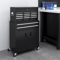 HOMCOM 6-Drawer Rolling Tool Chest, 2 in 1 Lockable Storage Cabinet with Hooks, Metal Tool Box for Garage, Workshop, Black(m-1)