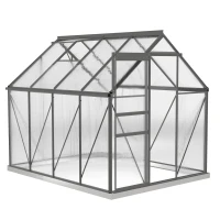 Outsunny 6' x 8' x 6.5' Polycarbonate Greenhouse, Walk-in Green House with Adjustable Roof Vent Galvanized Base Sliding Door Rain Gutter for Outdoor Garden Backyard, Charcoal Grey(m-2)