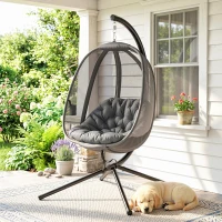 Outsunny Hanging Egg Chair, Outdoor Indoor Swing Chair with Stand, Folding Basket and Thickened Cushion, Grey(m-1)