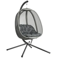 Outsunny Hanging Egg Chair, Outdoor Indoor Swing Chair with Stand, Folding Basket and Thickened Cushion, Grey(m-11)