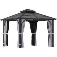 Outsunny 10' x 10' Hardtop Gazebo with 7mm Polycarbonate Double-Tier Roof, Outdoor Gazebo with Netting and Curtains, Dark Grey(m-11)