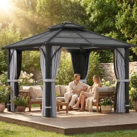 Outsunny 10' x 10' Hardtop Gazebo with 7mm Polycarbonate Double-Tier Roof, Outdoor Gazebo with Netting and Curtains, Dark Grey(m-9)