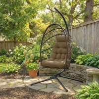 Outsunny Hanging Egg Chair with Stand, Foldable Wicker Rattan Swing Chair with Thick Cushion and Safety Rope, Brown(m-10)