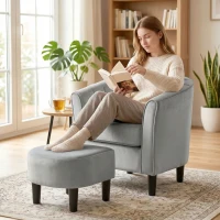 HOMCOM Accent Chair Modern Upholstered Living Room Chair with Ottoman and Pocket Spring Cushion Grey(m-9)