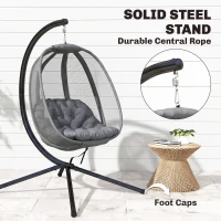 Outsunny Hanging Egg Chair, Outdoor Indoor Swing Chair with Stand, Folding Basket and Thickened Cushion, Grey(m-6)