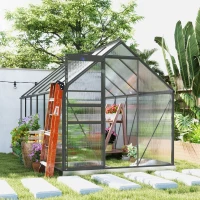 Outsunny 6' x 12' x 6.5' Polycarbonate Greenhouse, Walk-in Green House with Adjustable Roof Vent Galvanized Base Sliding Door Rain Gutter for Outdoor Garden Backyard, Charcoal Grey(m-9)