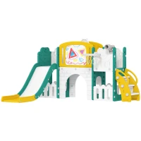 Qaba 7 in 1 Toddler Slide with Basketball Hoop, Climbing Frame, Telescope, Drawing Board, Storage Box for Ages 1-3, Yellow(m-11)