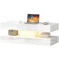 HOMCOM Coffee Table with Adjustable LED Lights, Center Table with 2 Drawers, Open Shelf, Remote, High Gloss Marble-Effect White(m-2)