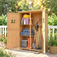Outsunny 4x1.5ft Wooden Garden Storage Shed, Outdoor Tool Cabinet Organizer with Windows and Double Door, Nature Wood(m-1)