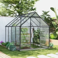 Outsunny 6' x 8' x 6.5' Polycarbonate Greenhouse, Walk-in Green House with Adjustable Roof Vent Galvanized Base Sliding Door Rain Gutter for Outdoor Garden Backyard, Charcoal Grey(m-8)