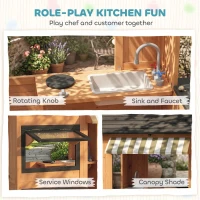 Qaba Wooden Kids Playhouse with Play Kitchen, Picnic Bench, Serving Station, Windows and Door for Backyard, Ages 3–8, Brown(m-4)