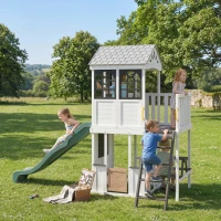 Qaba Two-Story Outdoor Playhouse, Wooden Kids Playhouse with Slide, Table & Bench, Play Kitchen, Ladder, Blackboard, White(m-8)