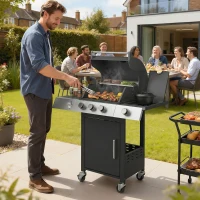 Outsunny 3 Burner Propane Gas Grill with Side Burner, 36,000 BTU BBQ Grill with Cast Iron Grates, Wheels, Warming Rack, Cabinet(m-1)