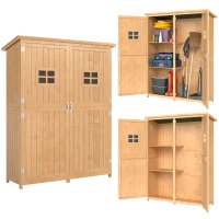 Outsunny 4x1.5ft Wooden Garden Storage Shed, Outdoor Tool Cabinet Organizer with Windows and Double Door, Nature Wood(m-10)