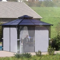 Outsunny 10' x 10' Hardtop Gazebo with 7mm Polycarbonate Double-Tier Roof, Outdoor Gazebo with Netting and Curtains, Dark Grey(m-10)