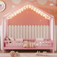 Twin-Size House-Style Toddler Bed Frame with 4-Sided High Railings, Montessori Floor Bed with Canopy, 78.5'' L x 41.5'' W x 78'' H, Pink(m-7)