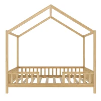 Twin House-Style Toddler Bed with Full Guardrails and DIY Canopy Frame, Montessori Floor Bed with Canopy, 78.5'' L x 41.5'' W x 78'' H, Natural(m-2)