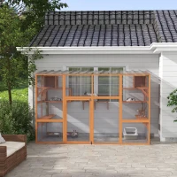 PawHut Large Outdoor Catio with 2 Condos, Jumping Platforms, Waterproof Roof, Orange(m-9)