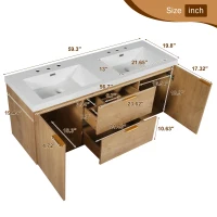 Double Sink Bathroom Vanity with Integrated SMC Top, Wall-Mounted Floating Cabinet for 2 People, 59.5'' L x 20'' W x 25.5'' H, Wood(m-3)