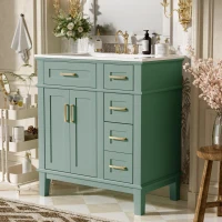 Solid Bathroom Vanity with Ceramic Undermount/Drop-In Sink, Modern Storage Cabinet for Compact Washrooms, 30'' L x 18'' W x 34'' H, Light Green(m-1)