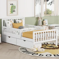 Twin Wood Platform Bed with 2 Under-Bed Storage Drawers, Solid Bed Frame for Children or Restless Sleepers, 77.5'' L x 42'' W x 34.5'' H, White(m-1)