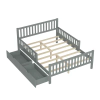 Full Size Wood Platform Bed with 2 Under-Bed Storage Drawers, Solid Bed Frame with Guardrails on Both Sides, 77.5'' L x 57.5'' W x 34.5'' H, Grey(m-10)