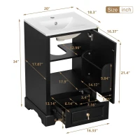 Stylish Bathroom Vanity with Ceramic Sink, Soft-Close Door & Drawer, Space-Saving Cabinet for Compact Washroom, 20'' L x 18.5'' W x 34'' H, Black(m-3)