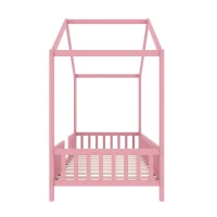 Twin-Size House-Style Toddler Bed Frame with 4-Sided High Railings, Montessori Floor Bed with Canopy, 78.5'' L x 41.5'' W x 78'' H, Pink(m-12)