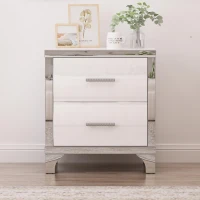 Elegant High-Gloss Nightstand with Metal Handles and Legs, Mirrored Bedside Table for Bedrooms or Apartments, 22.5'' L x 15.5'' W x 23.5'' H, White(m-4)